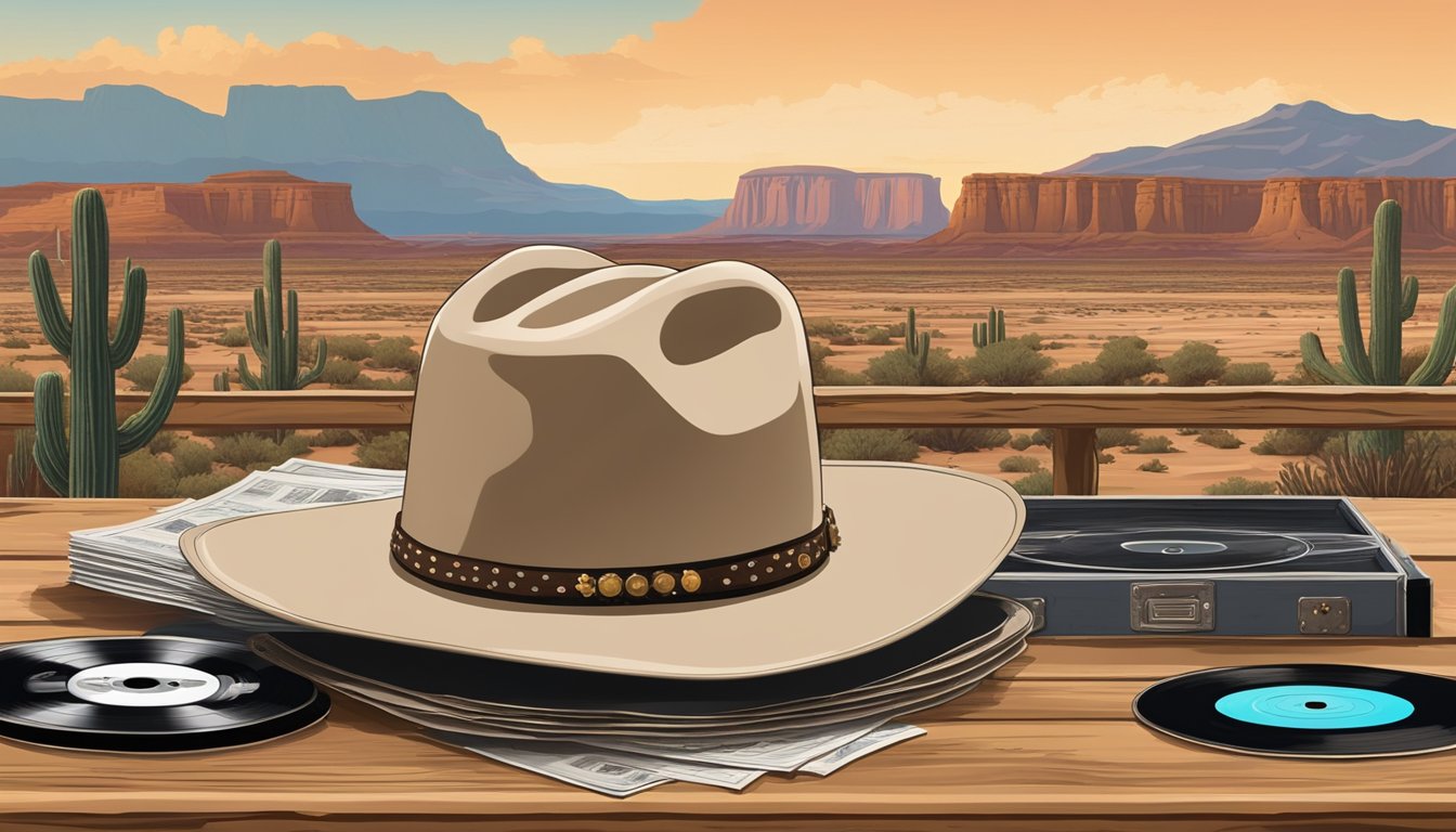 A cowboy hat sits atop a weathered wooden table, surrounded by a collection of vinyl records and a worn-out sheriff's badge. The backdrop is a rugged desert landscape with towering mesas and a winding river