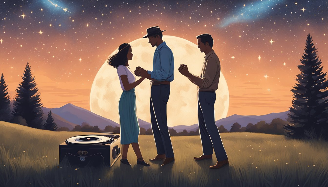 A couple dancing under a starry sky, surrounded by a serene countryside landscape, with a vintage record player playing George Strait's music