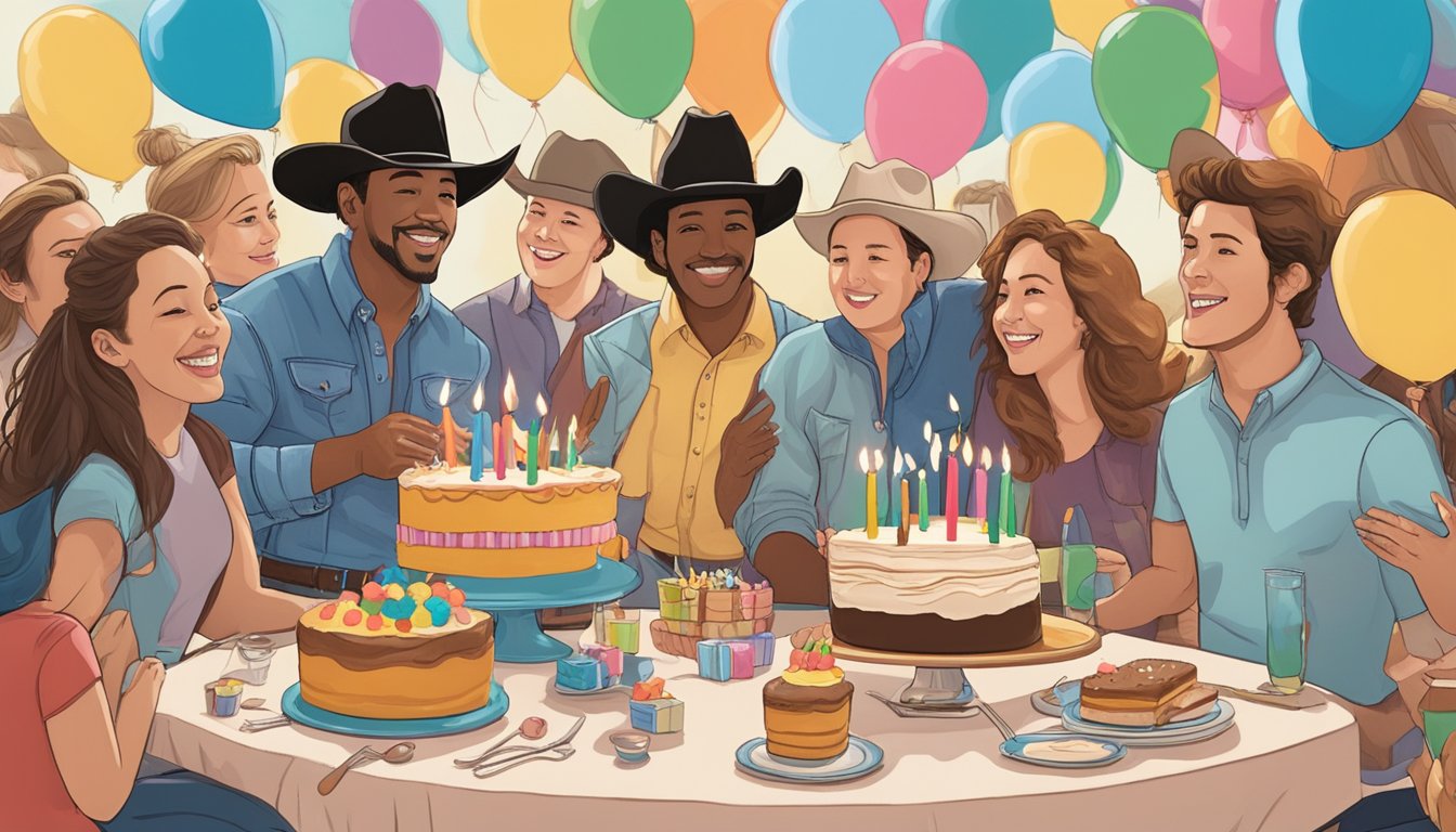 A festive birthday party with a cake, balloons, and friends gathered around, while George Strait's music plays in the background