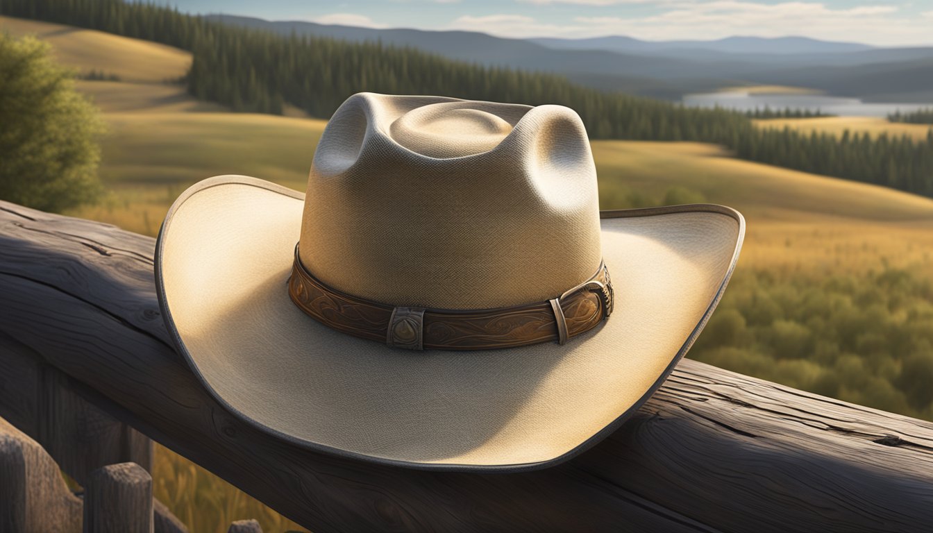 A cowboy hat rests on a weathered wooden fence post, overlooking a vast landscape of rolling hills and winding rivers