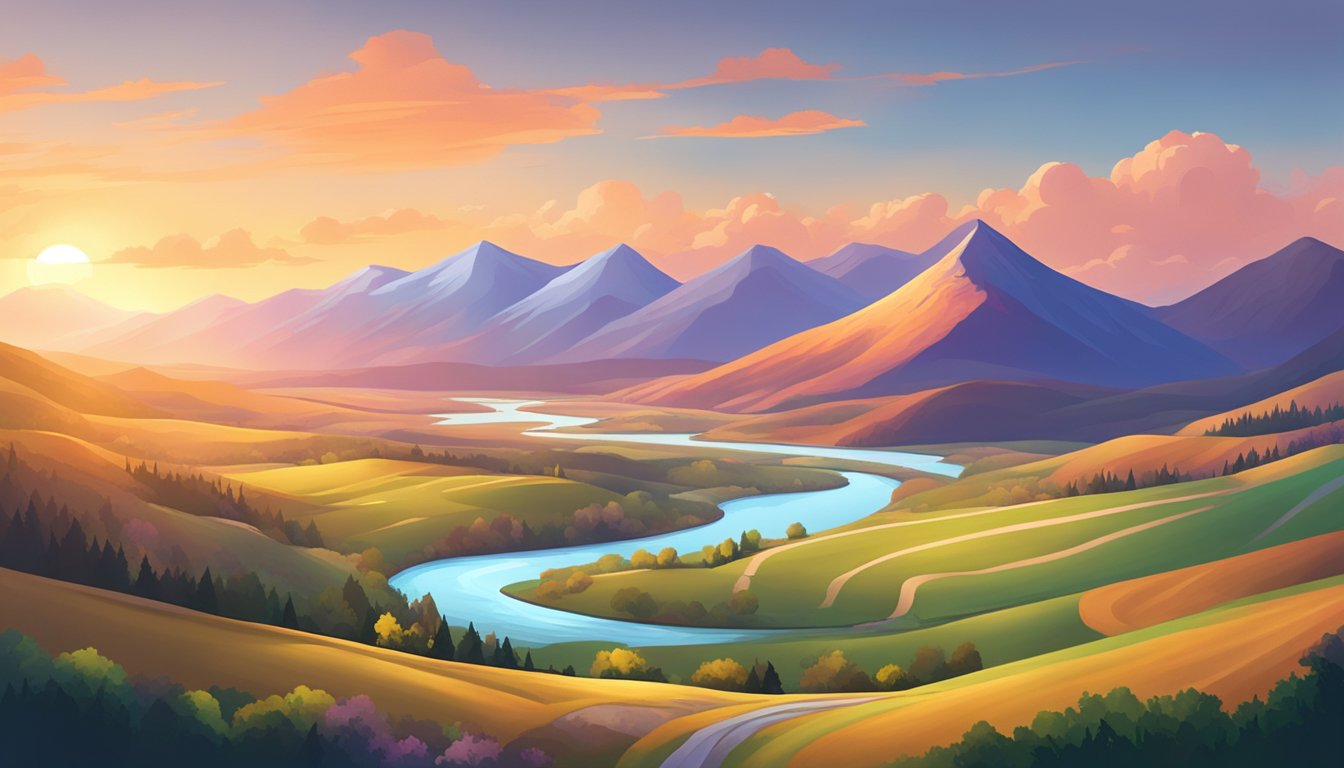 A serene landscape with rolling hills, a winding river, and a colorful sunset over a mountain range