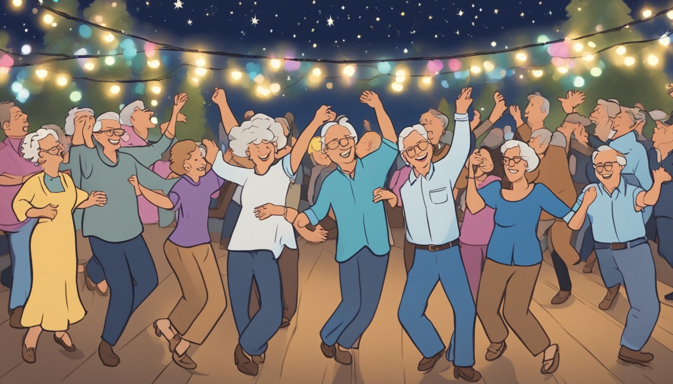 A group of retirees dancing and celebrating under a starry night sky, surrounded by twinkling lights and a banner with the title "Carrying Your Love With Me 7 George Strait Songs That Are Perfect for Retirement Parties"