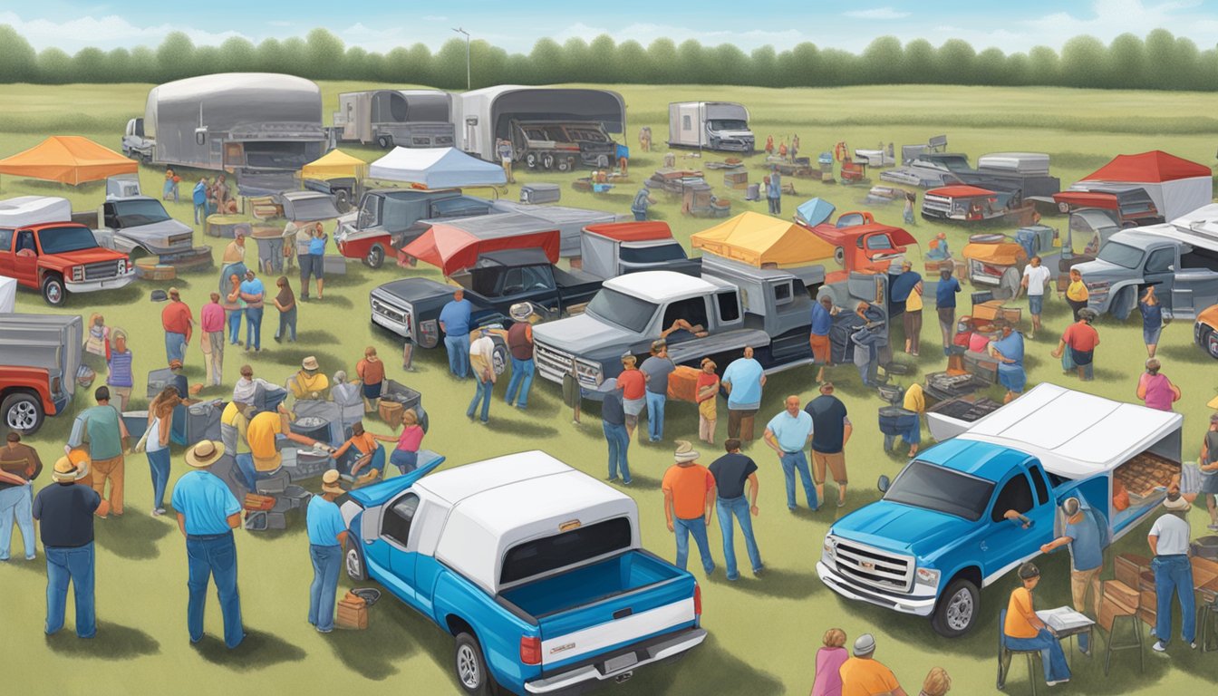 A group of tailgaters surrounded by trucks and grills, with George Strait music playing in the background