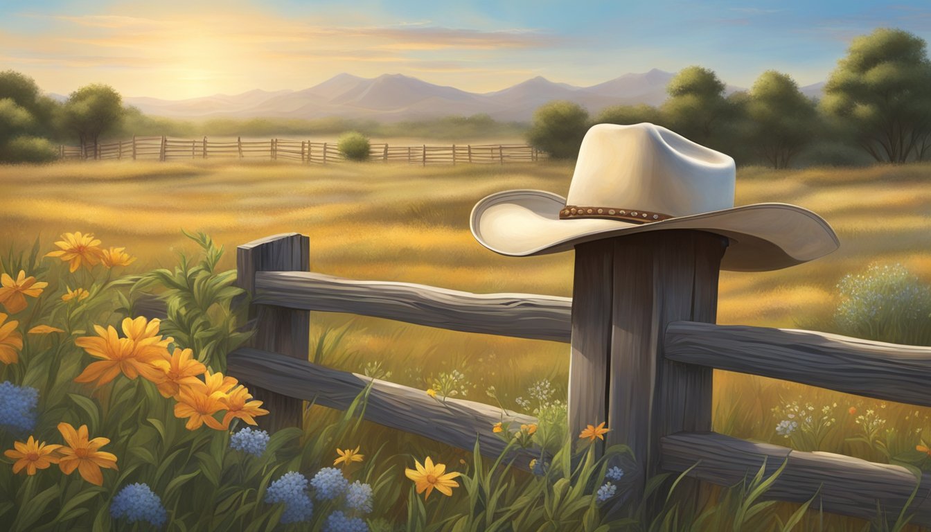 A lone cowboy hat rests on a weathered wooden fence, surrounded by wildflowers and tall grass, under a big Texas sky