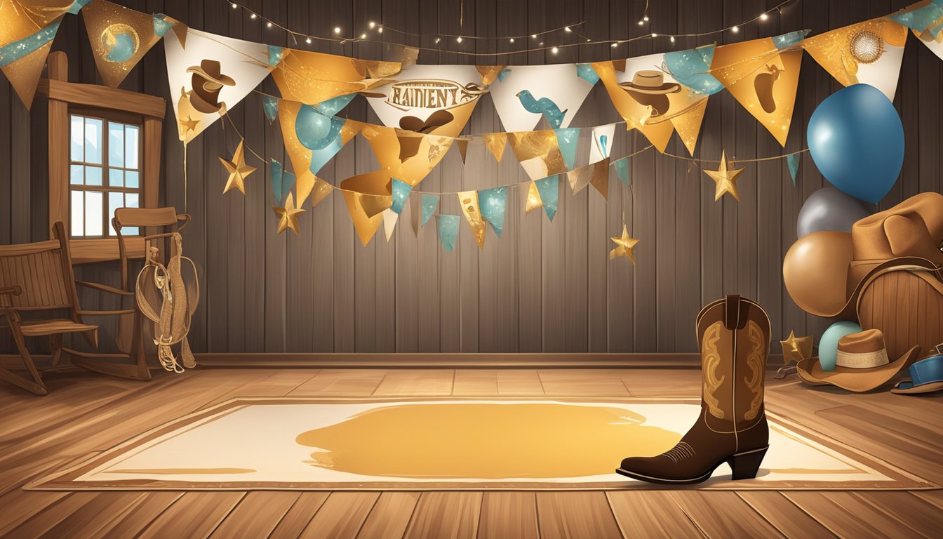 A cowboy hat and boots on a wooden dance floor, surrounded by cowboy-themed decorations and a retirement party banner