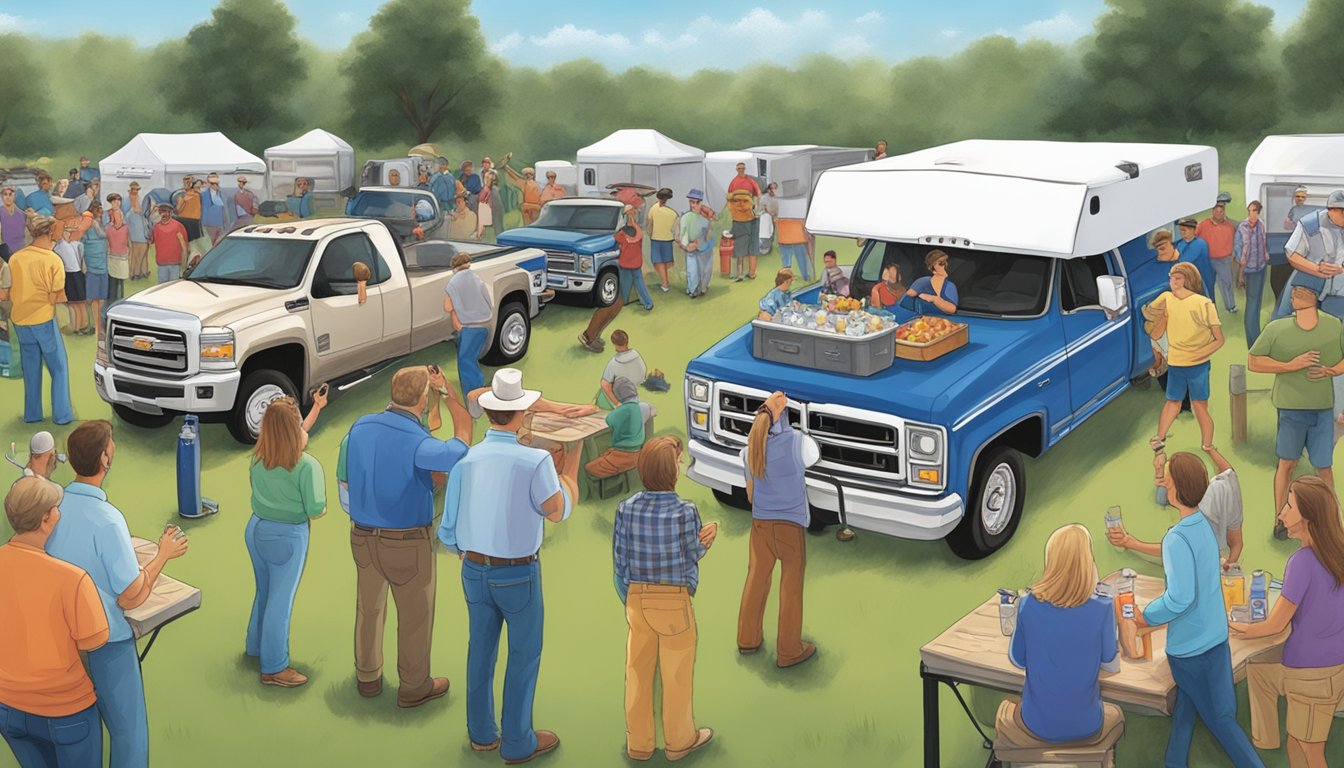 A group of people gathered around a tailgate, surrounded by trucks and coolers, enjoying the music of George Strait