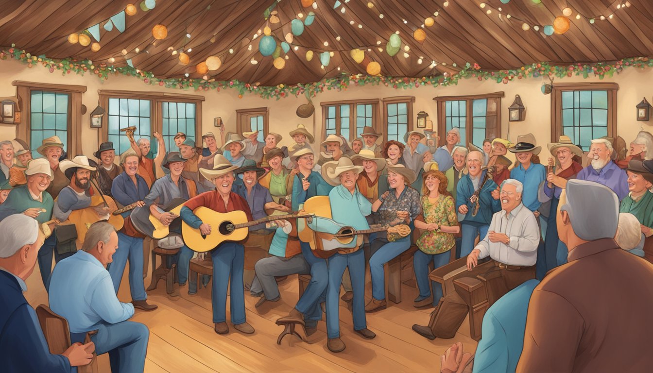 A festive retirement party with a troubadour performing George Strait songs, surrounded by smiling guests and decorations