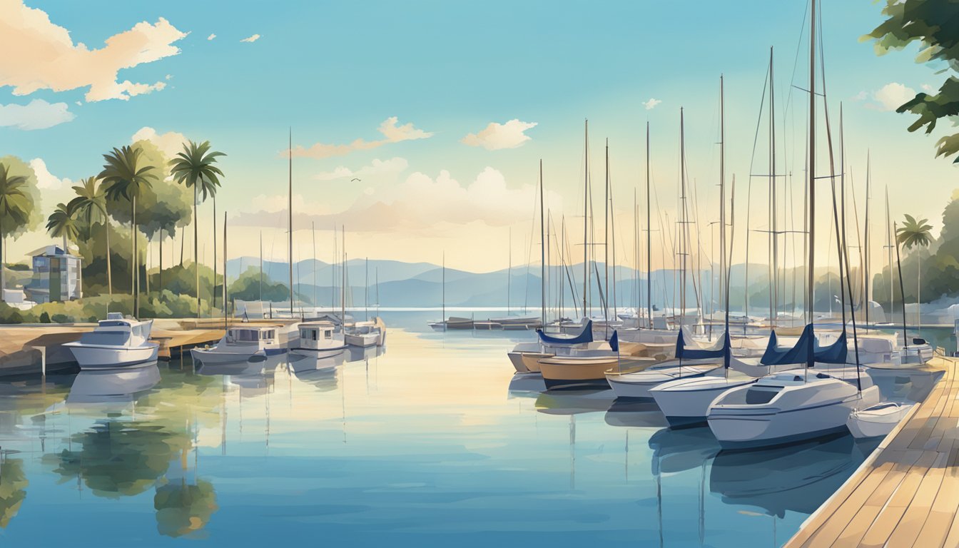 A serene marina with boats docked, surrounded by calm waters and a clear blue sky