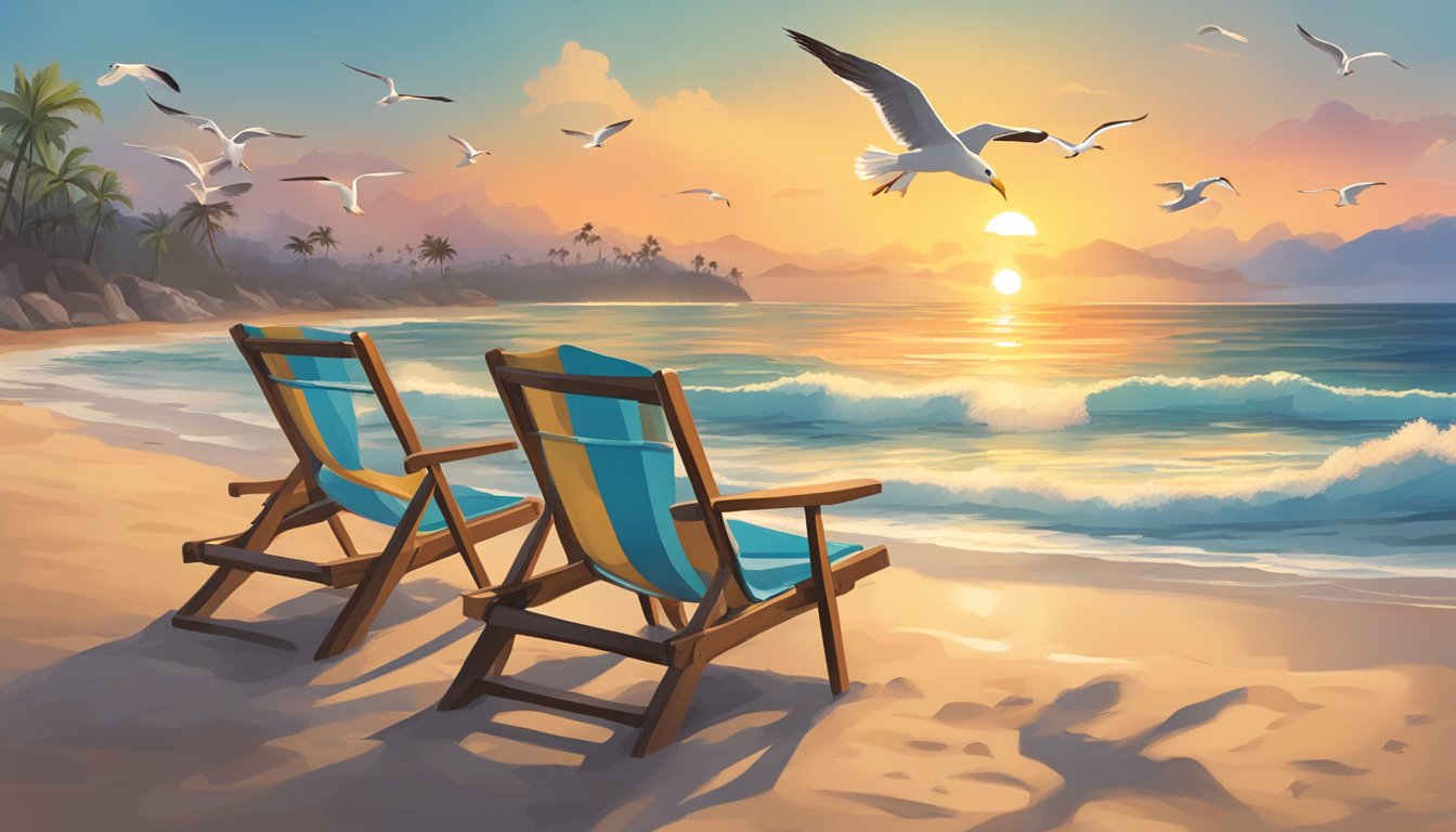 A beach at sunset with waves crashing, seagulls flying, and a lone beach chair overlooking the ocean