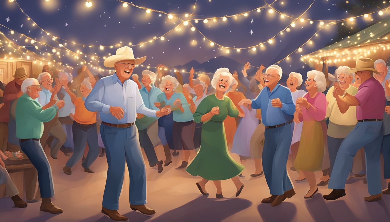 A group of retirees dance and laugh under string lights, surrounded by decorations and memorabilia celebrating George Strait's music