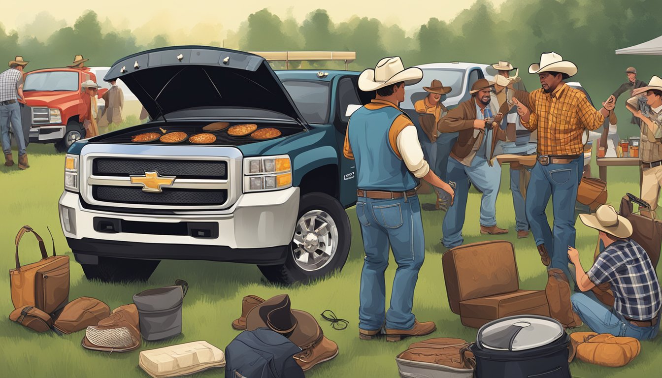 A lively tailgating scene with fans gathered around a pickup truck, grilling and enjoying music from a speaker. Cowboy hats and boots are scattered around