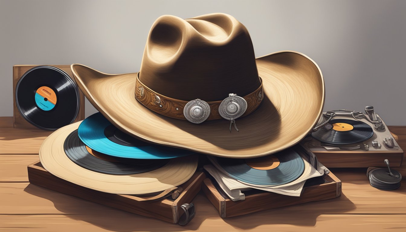 A cowboy hat resting on a weathered guitar, surrounded by a collection of vintage vinyl records