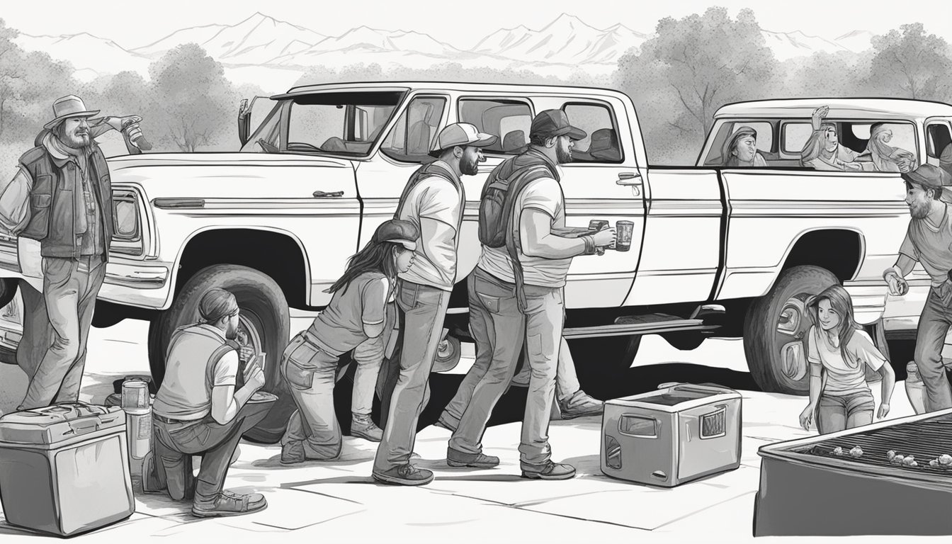 A group of friends gather around a pick-up truck, coolers of beer, and a grill. Country music blares from the speakers as they sing along and dance in the parking lot before a big game