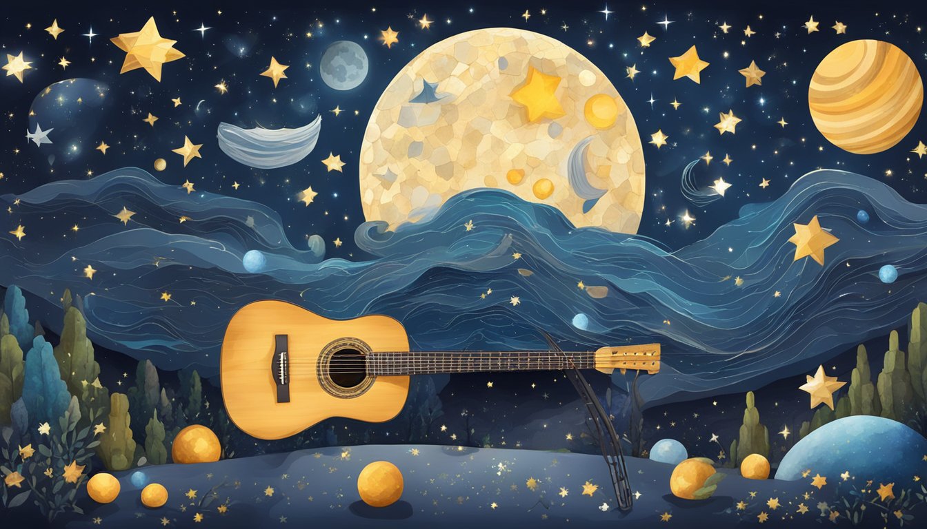 A starry night sky with a guitar and 13 celestial objects scattered around