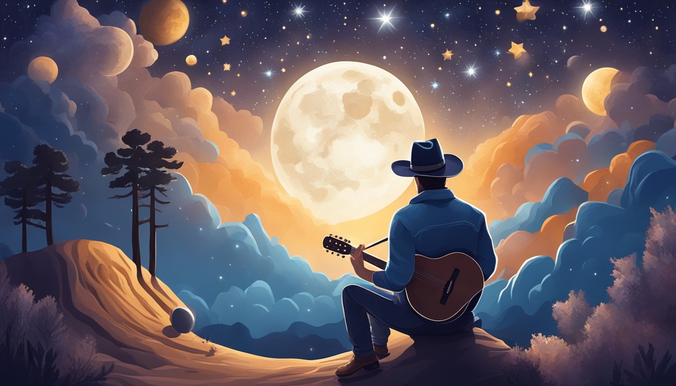 A night sky filled with stars and celestial bodies, with a guitar and cowboy hat in the foreground