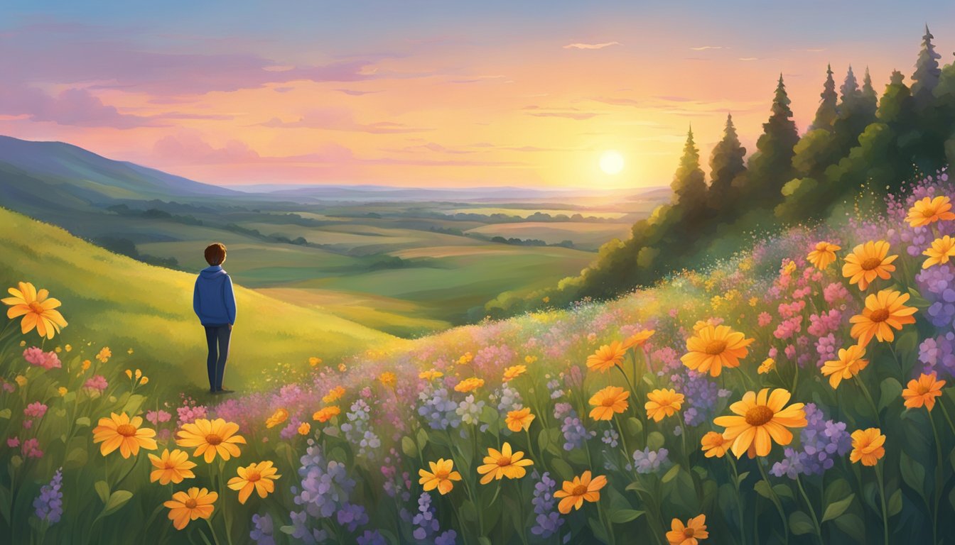 A solitary figure standing on a hill, surrounded by a field of wildflowers, gazing at the sunset with a mix of joy and sadness