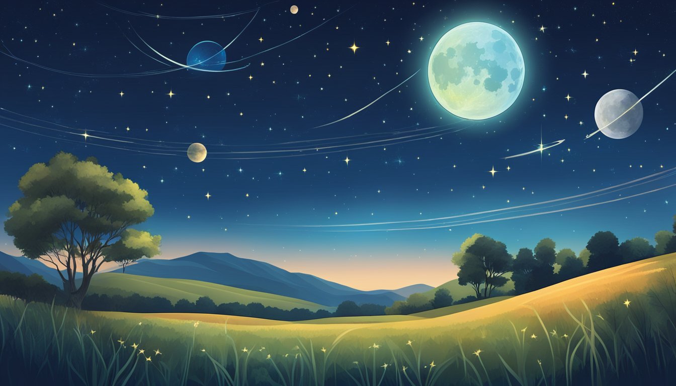 A starry night sky with a full moon, planets, and constellations shining brightly over a peaceful countryside