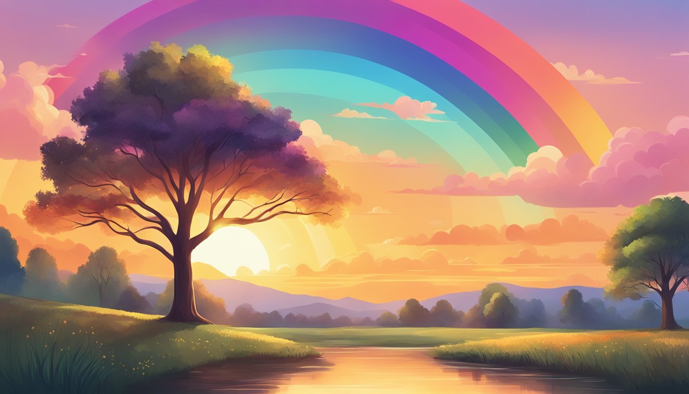 A vibrant sunset over a peaceful countryside, with a rainbow in the sky and a gentle breeze rustling the trees