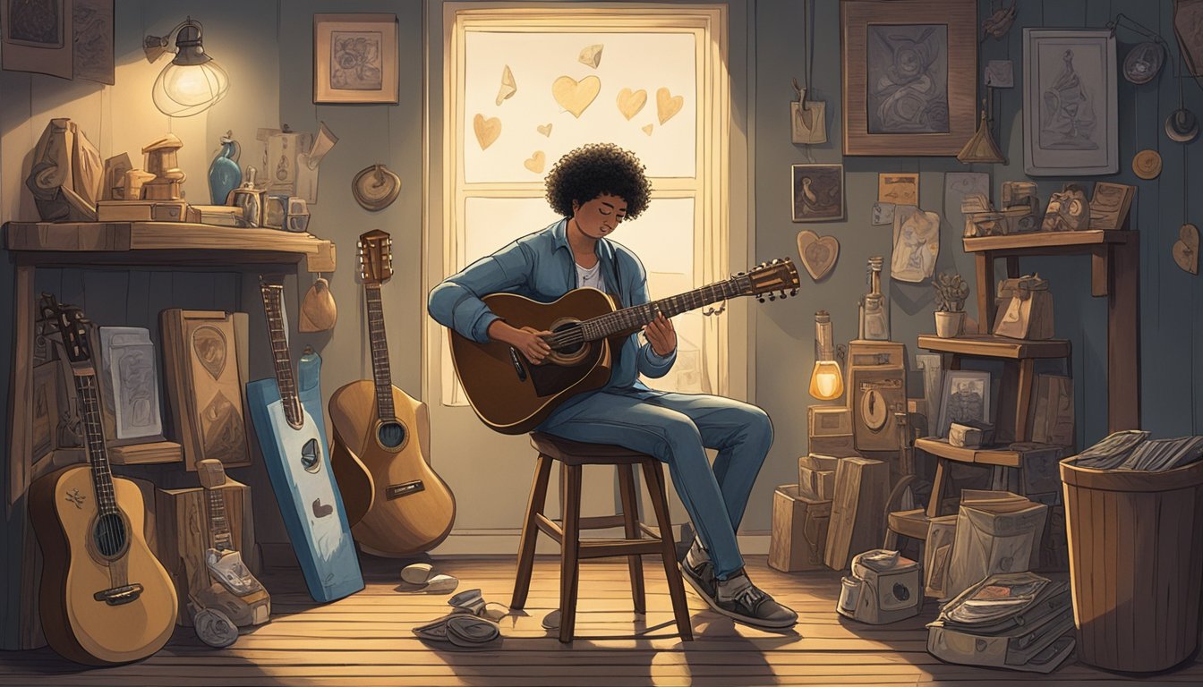 A solitary figure sits on a wooden stool, strumming a guitar under a lone spotlight, surrounded by a collection of emotion-evoking objects like a heart-shaped locket and a tear-stained letter