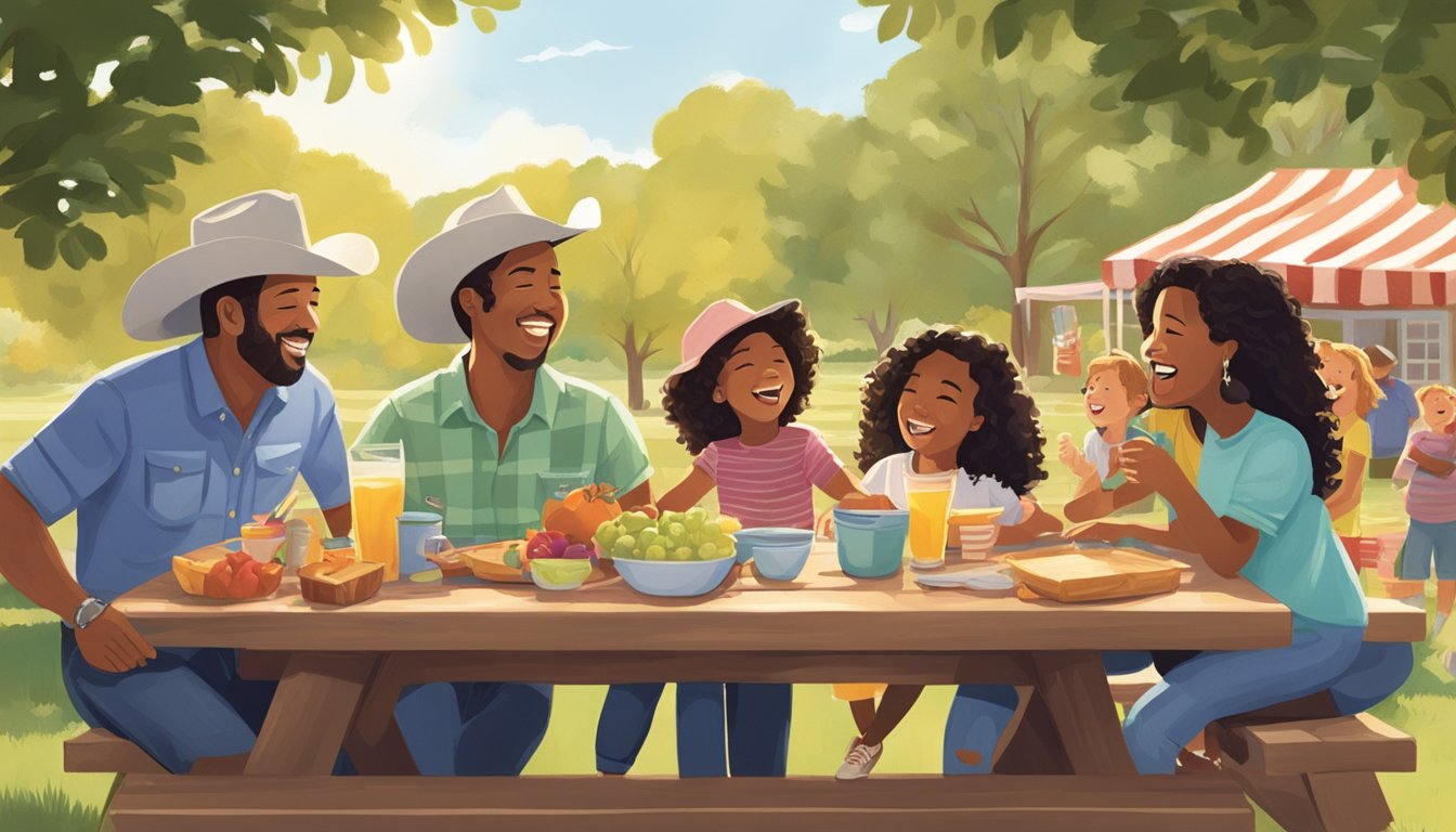 A family gathered around a picnic table, laughing and singing along to George Strait songs. The sun is shining, and they are enjoying each other's company