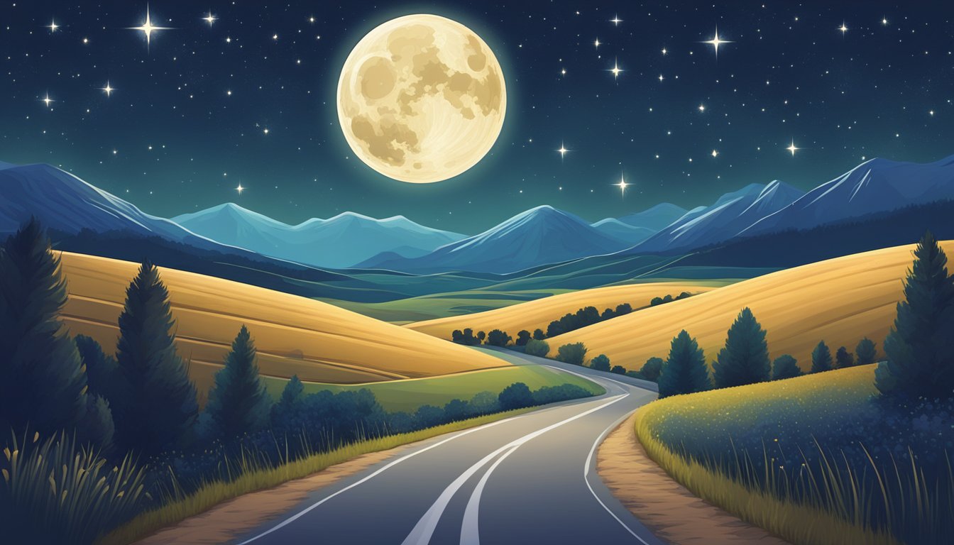 A starry night sky with a full moon shining down on a country road, surrounded by fields and distant mountains