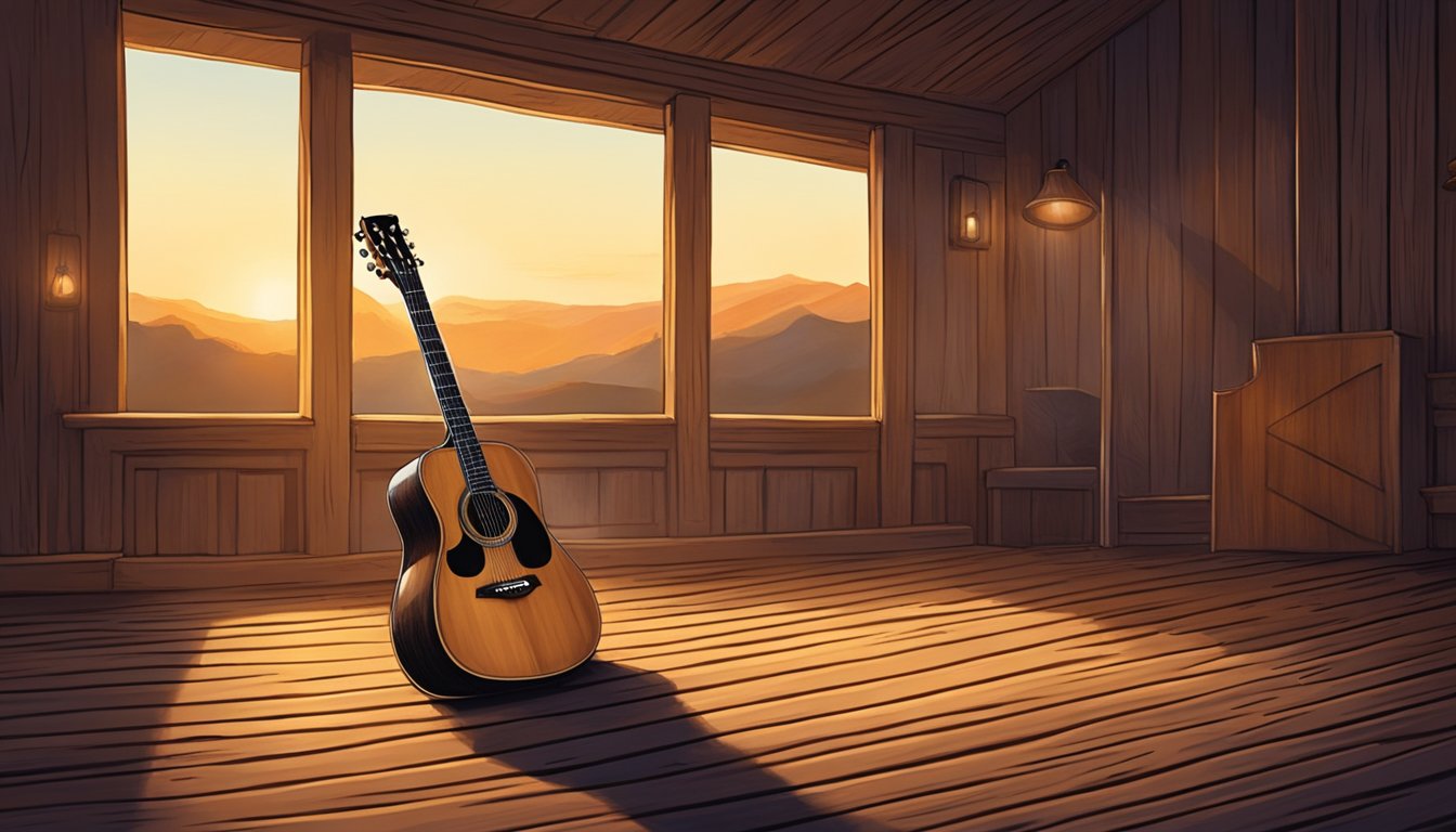 A lone guitar sits on a weathered wooden stage, bathed in the warm glow of stage lights. The empty room echoes with the sound of George Strait's iconic songs