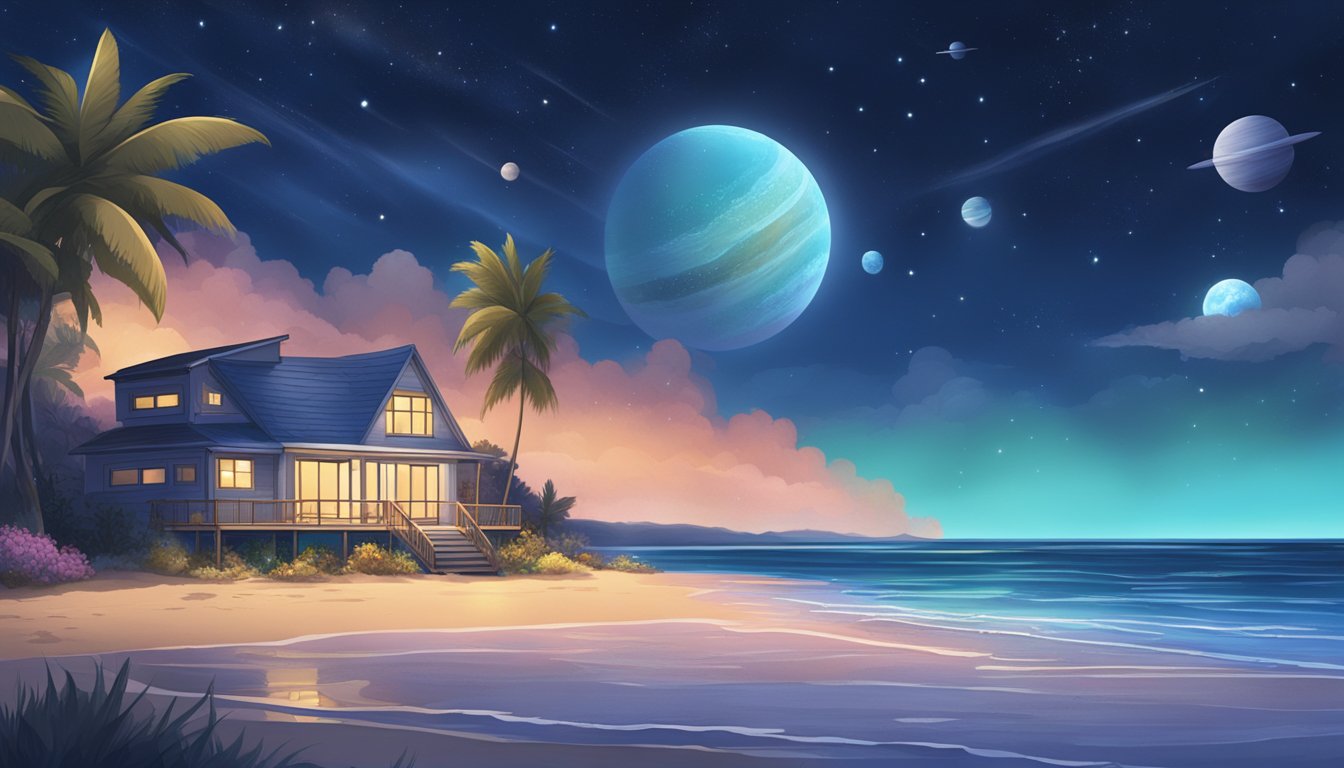 A beachfront property with a clear night sky filled with stars, planets, and other celestial bodies. The sound of waves crashing against the shore can be heard in the distance