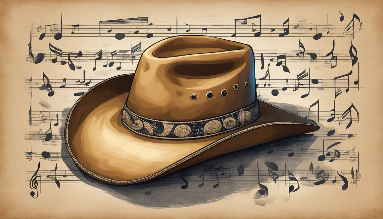 A cowboy hat resting on a weathered guitar, surrounded by song lyrics and musical notes