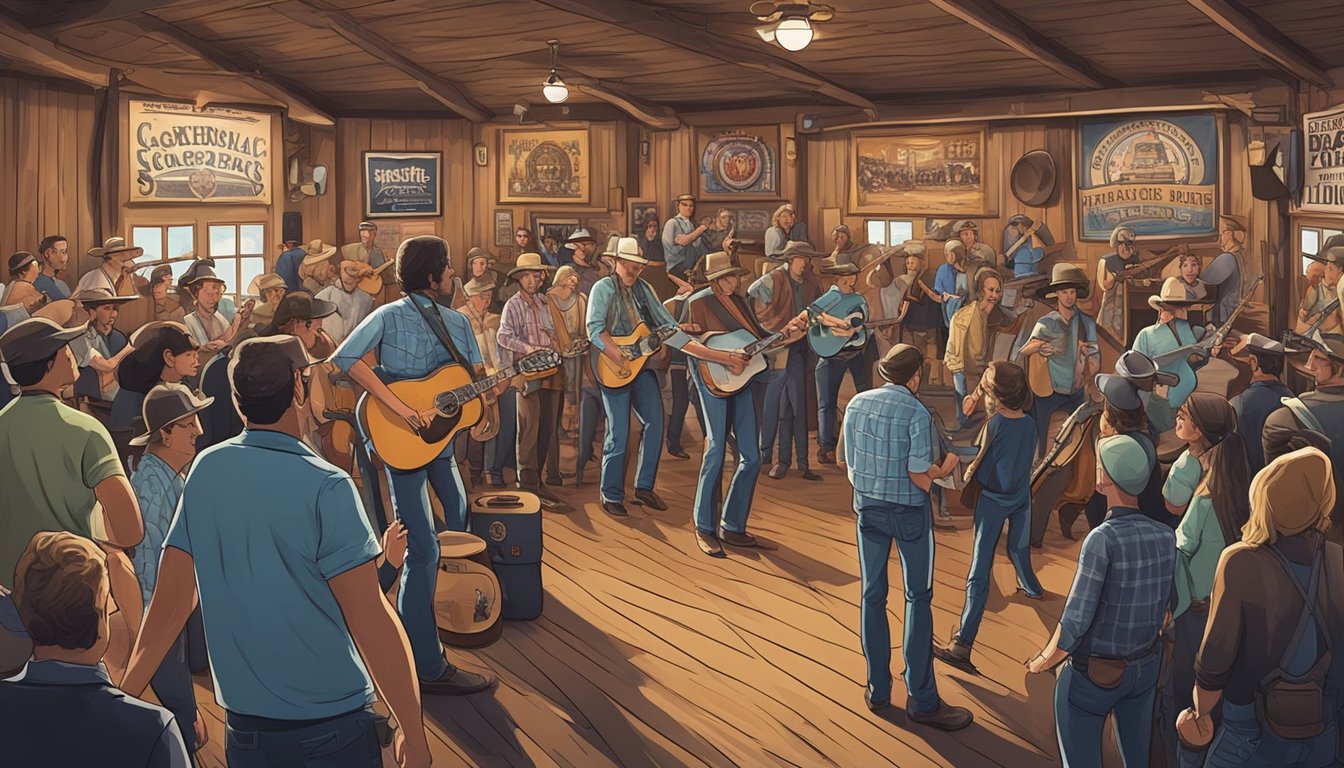 A crowded music venue with a mix of old and new country fans, a stage with a band playing, and posters of George Strait and historical events in the background