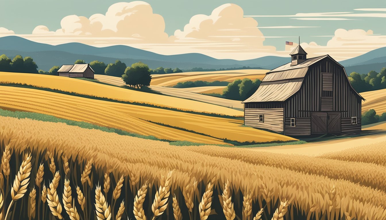 A rural landscape with a rustic barn and rolling hills, surrounded by fields of wheat and corn. A small American flag waves in the breeze