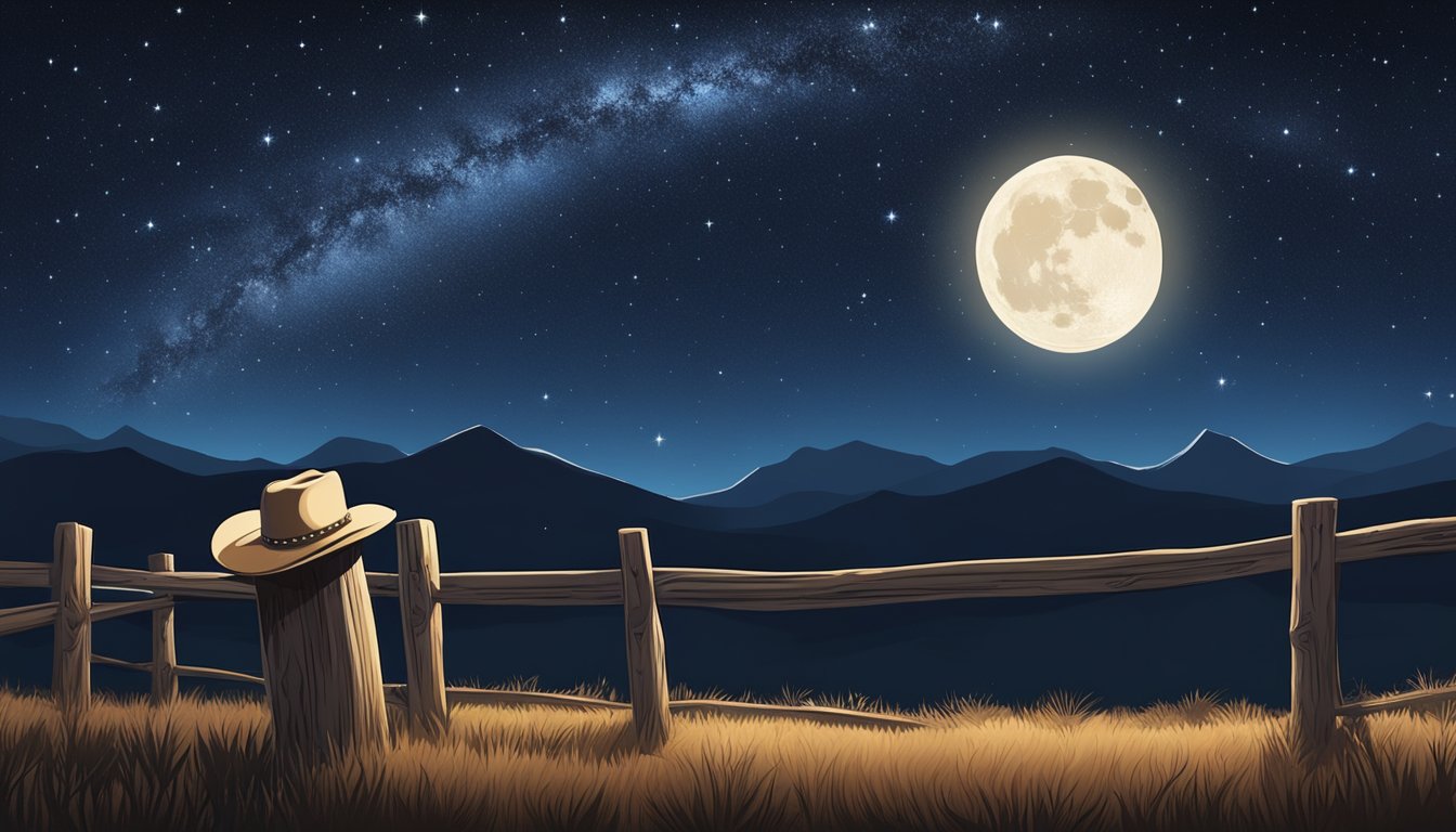 A lone cowboy hat rests on a wooden fence post under a starry night sky with a full moon and distant galaxies