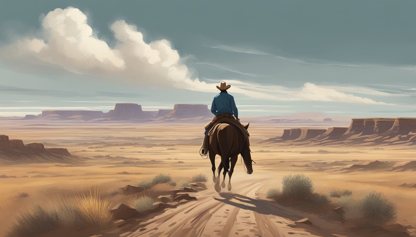 A lone cowboy rides through a barren landscape, his weathered hat pulled low as he navigates the harsh economic realities of the open range