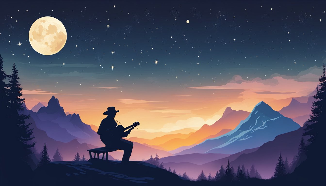 A starry night sky with silhouettes of mountains and a lone figure playing a guitar under the moonlight