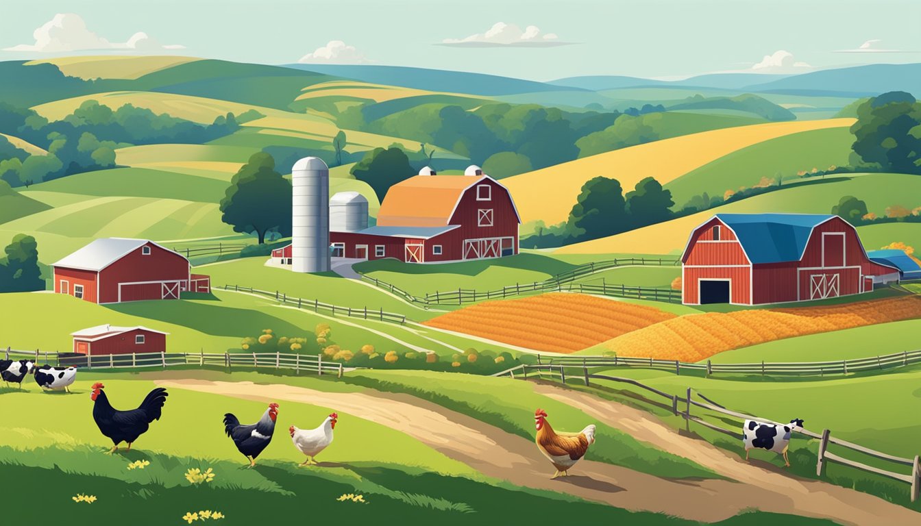 A farm with fields of fresh produce and a barn with chickens and cows, surrounded by rolling hills and a clear blue sky