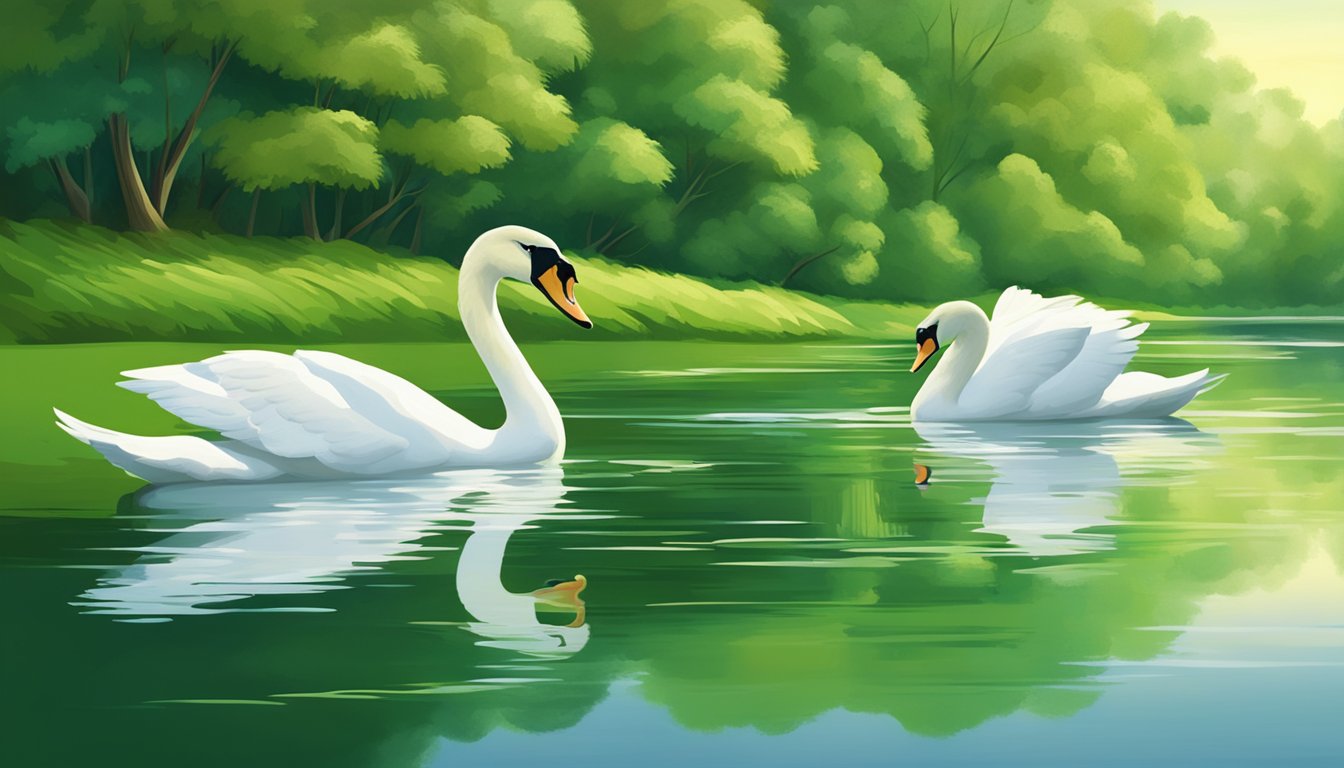 A serene river winding through a lush, green landscape, with a couple of swans gracefully gliding on the water