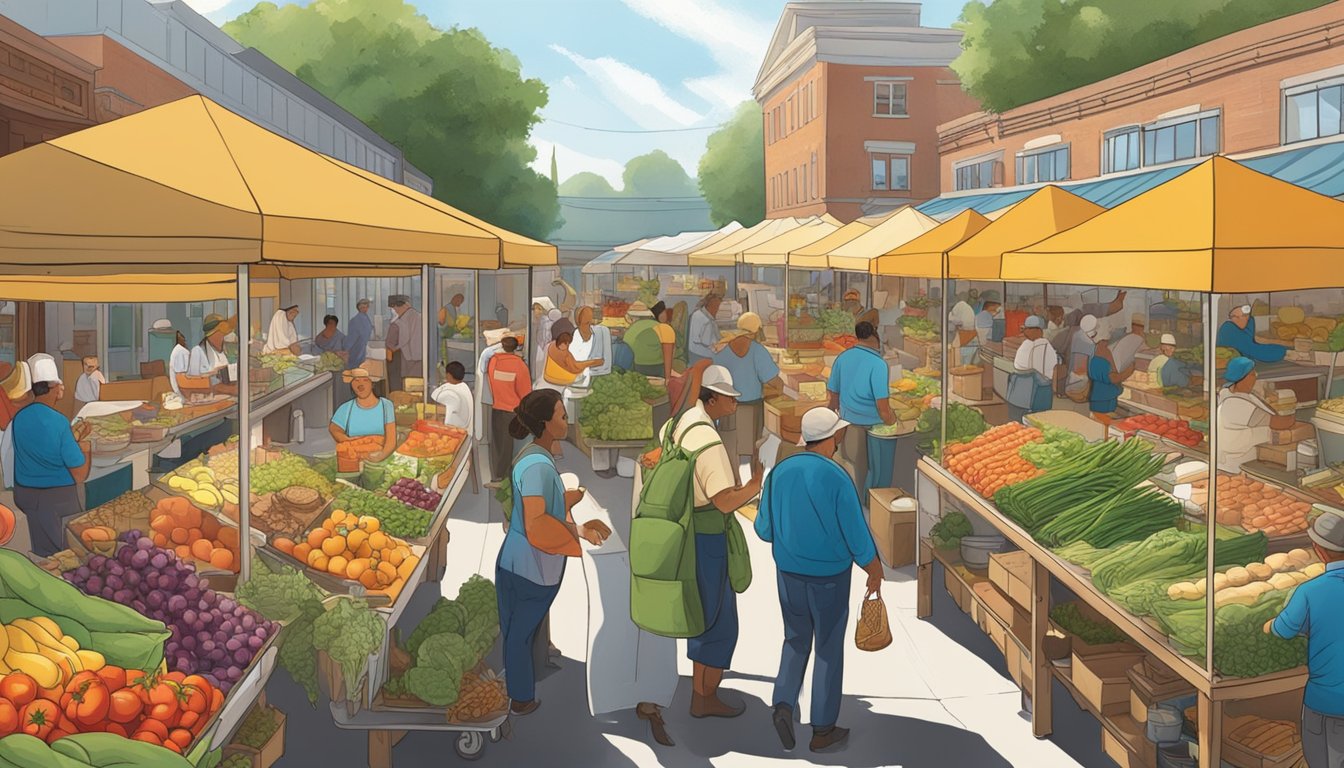 A bustling farmers' market with vendors selling fresh produce to a busy breakfast diner, showcasing the direct impact of BK's breakfast on local agriculture