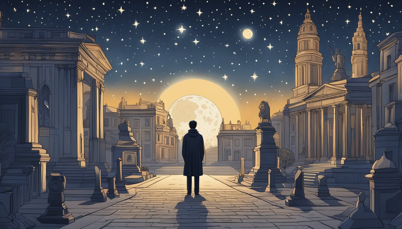 A lone figure standing under a starry night sky, surrounded by historical landmarks and symbols of personal loss