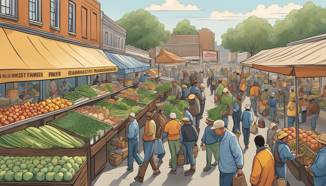 A bustling morning market with local farmers and suppliers delivering fresh produce to a Burger King restaurant, showcasing the economic impact of BK's breakfast on the local economy