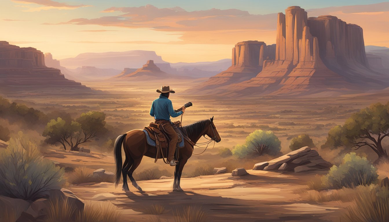 A lone cowboy rides through a rugged landscape, with a campfire burning in the distance and a guitar leaning against a weathered saddle