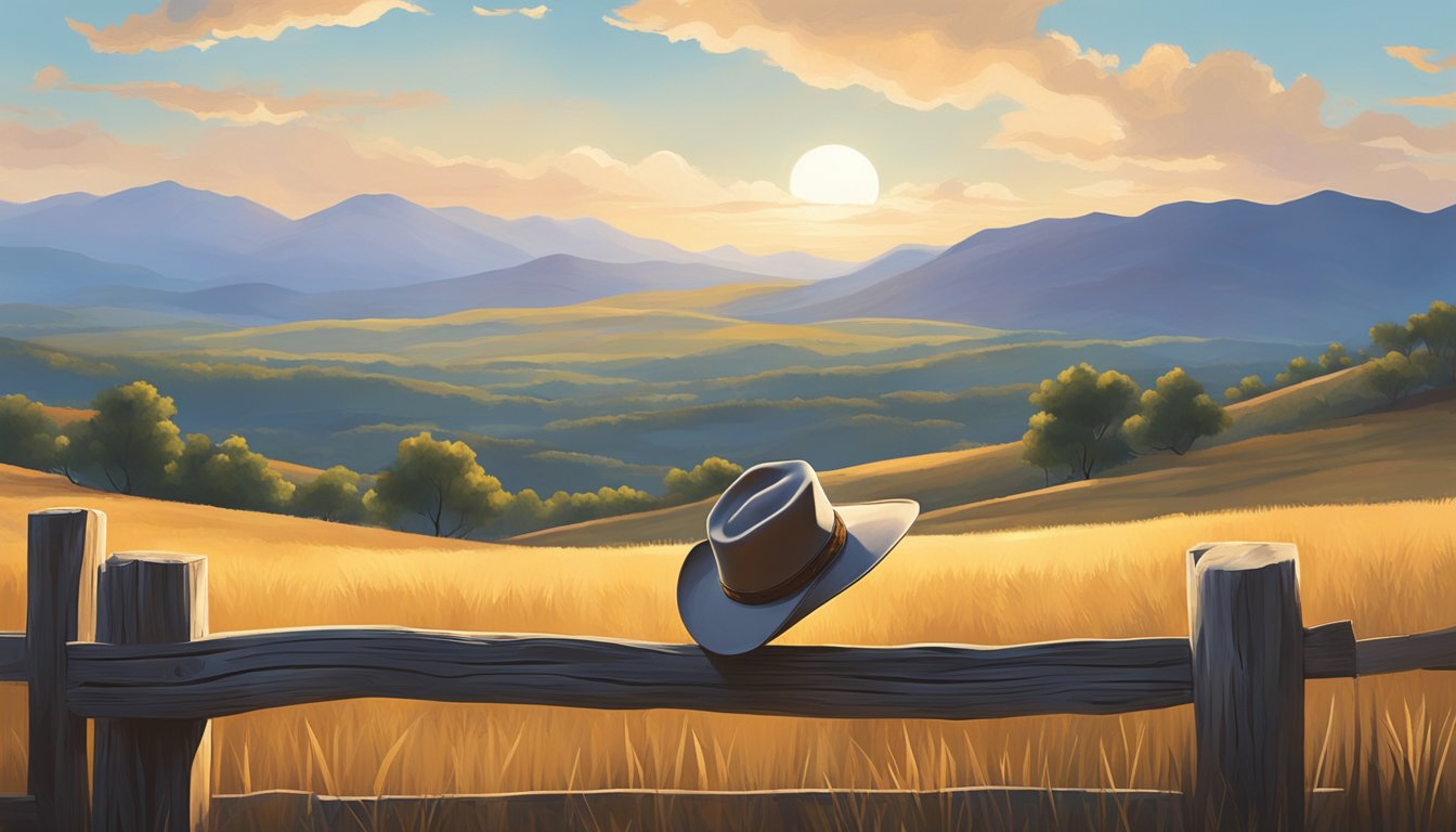 A lone cowboy hat sits atop a weathered wooden fence post, bathed in warm sunlight. The surrounding landscape is vast and open, with rolling hills and a clear blue sky