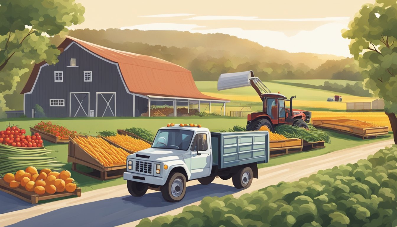 A farmer harvesting fresh produce with a barn in the background, while a delivery truck from BK's Breakfast pulls up to collect the locally sourced ingredients