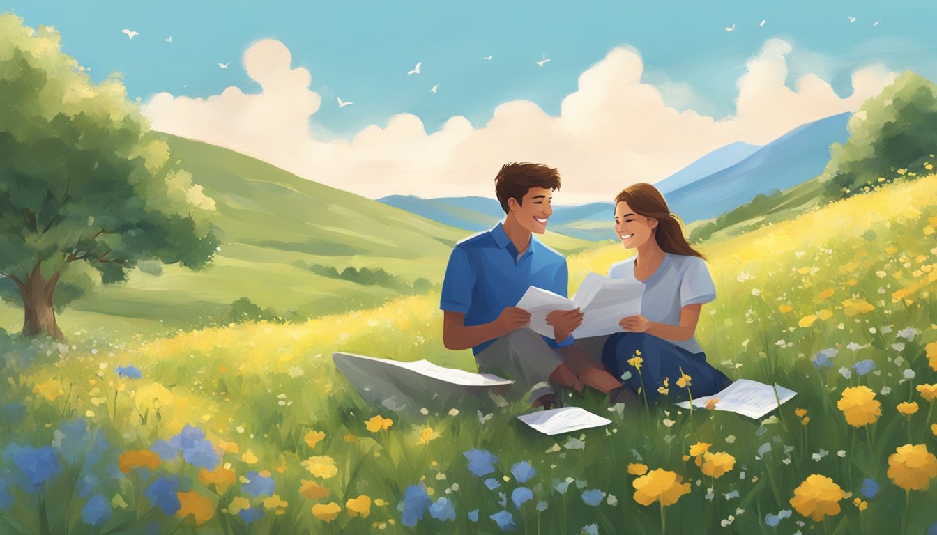 A young couple sitting on a grassy hill, passing notes and smiling, surrounded by blooming wildflowers and a clear blue sky