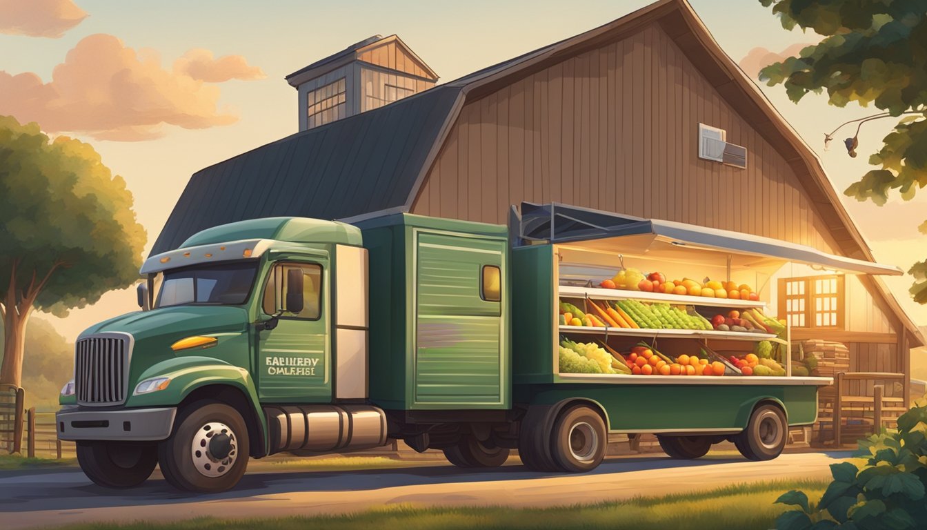 A bustling farm with fields of fresh produce and happy animals, a delivery truck parked outside a local supplier's warehouse, and the sun rising over a BK restaurant