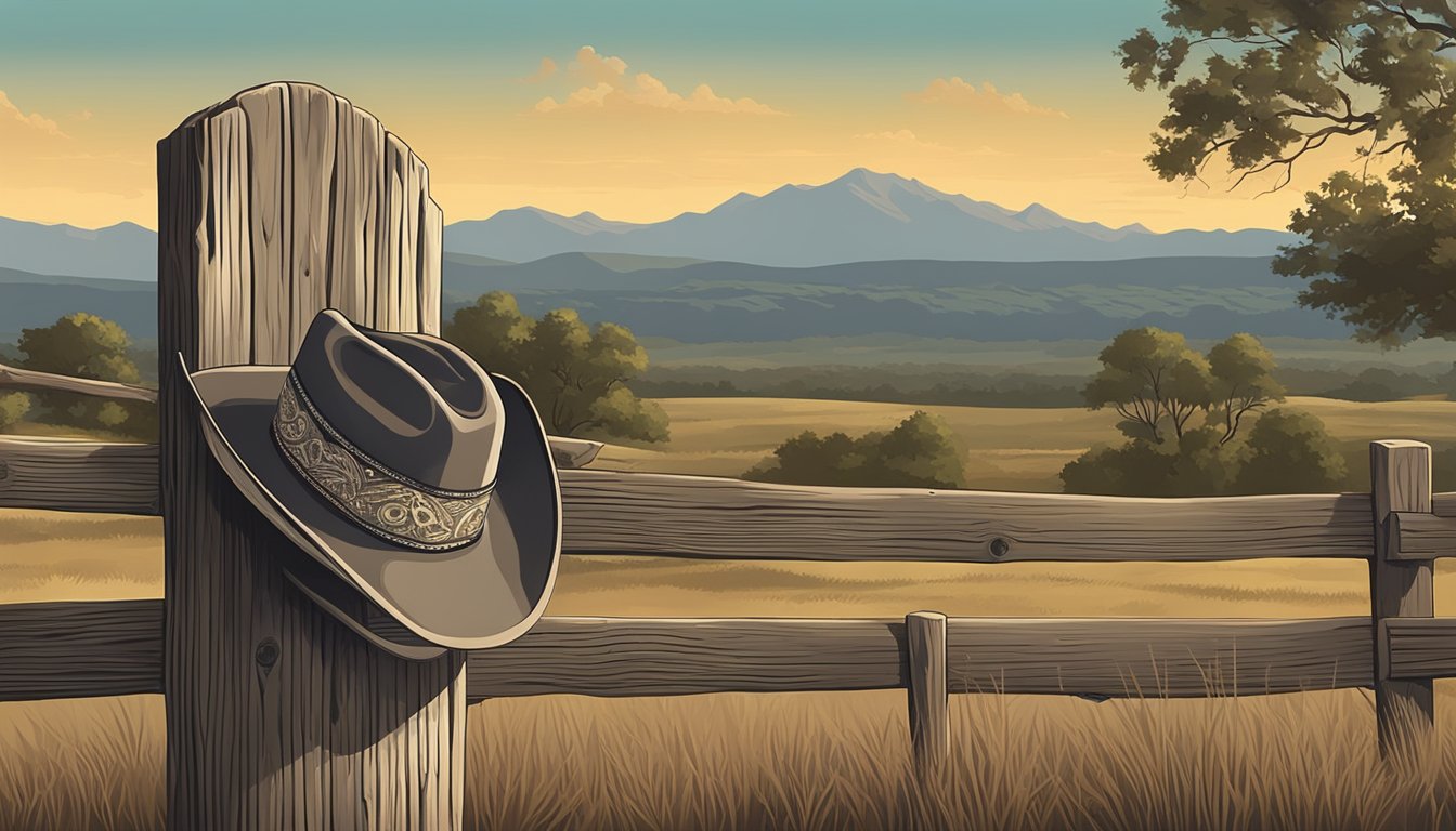 A cowboy hat resting on a weathered wooden fence post, with a vintage guitar leaning against it, set against a backdrop of rolling Texas hills