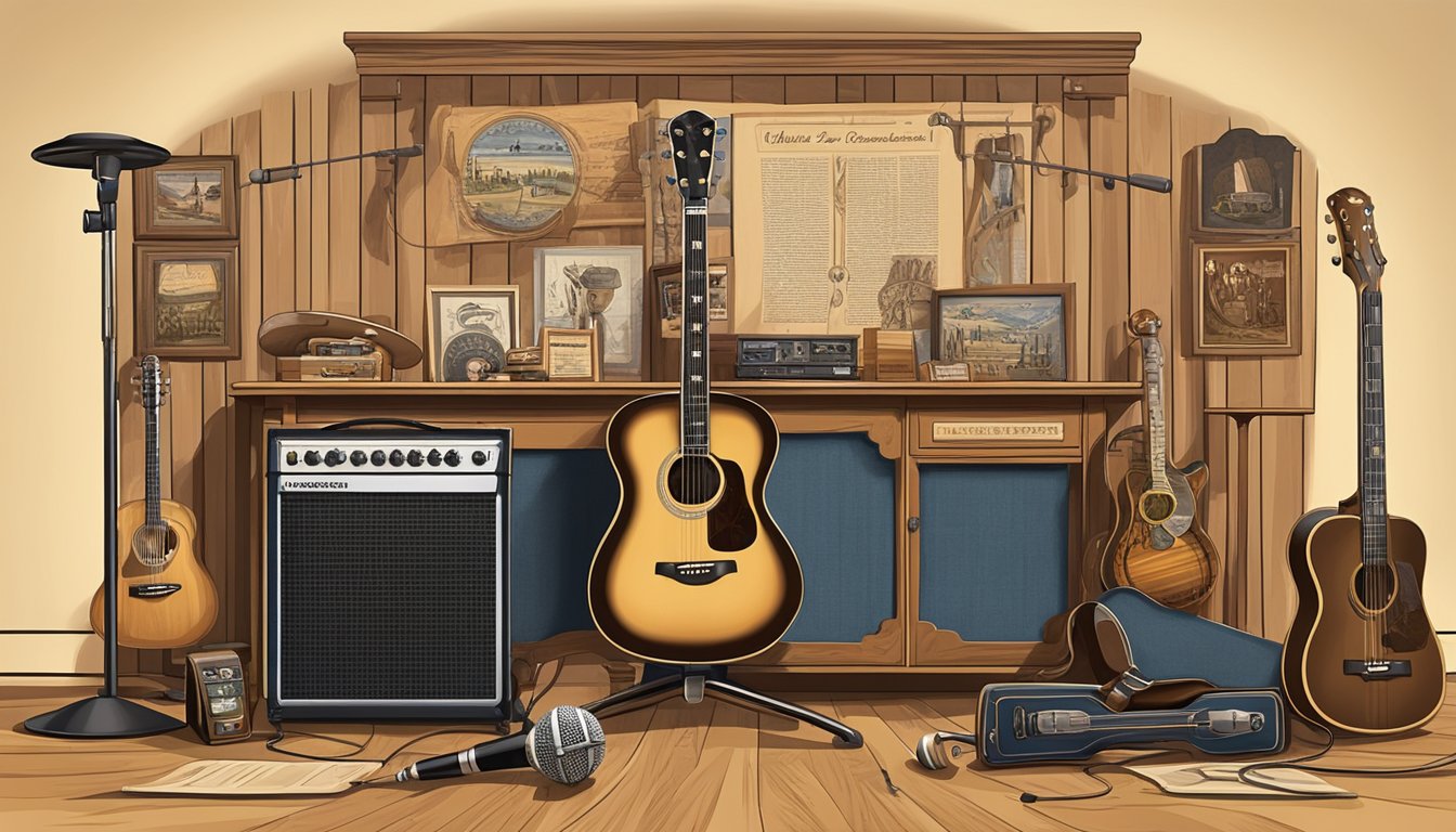 A stage with a microphone stand surrounded by vintage country music memorabilia and historical artifacts