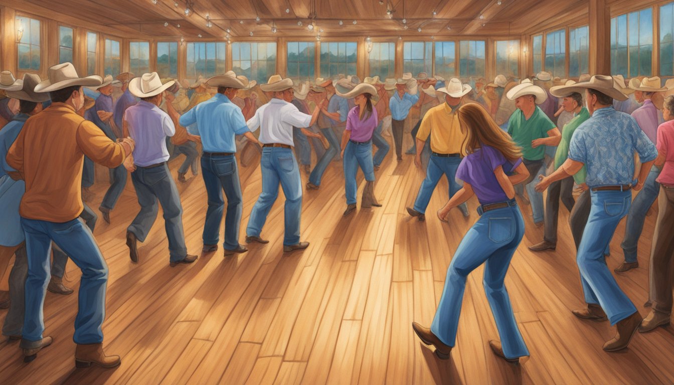 A lively country dance floor with cowboy boots tapping to George Strait's music