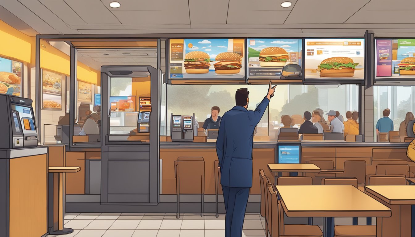 A customer pointing at a digital feedback kiosk in a busy Burger King restaurant during breakfast hours