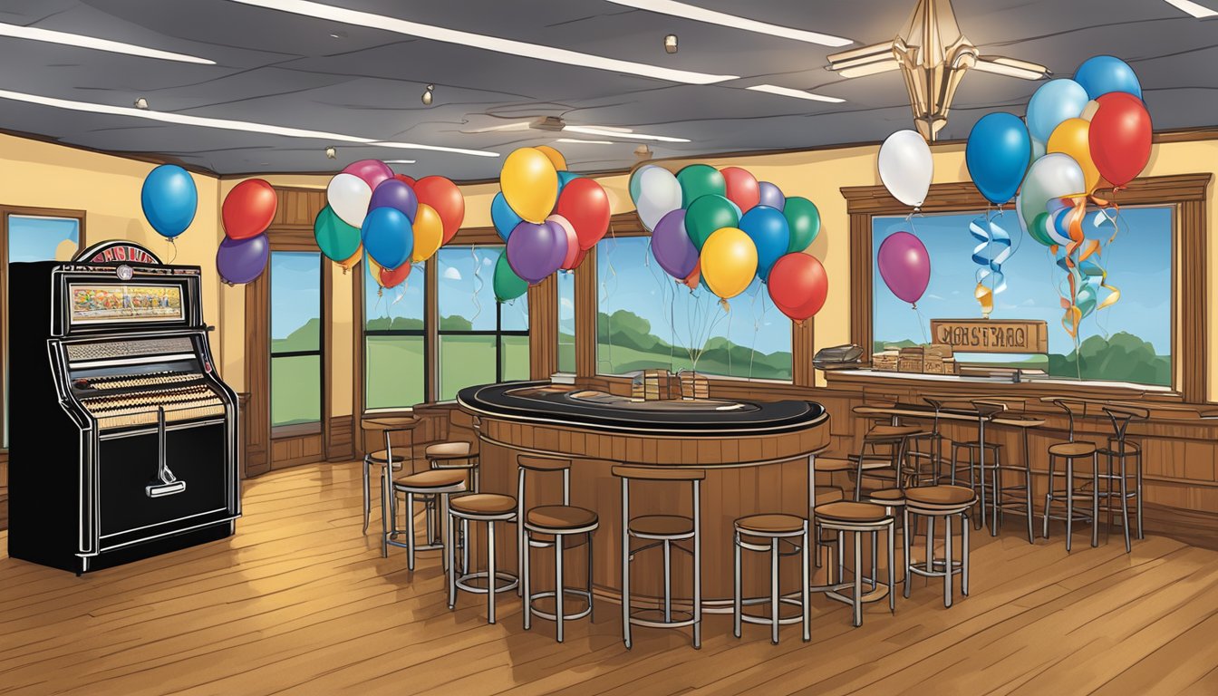 A high school reunion banner hangs above a jukebox playing George Strait songs. Balloons and streamers decorate the room, creating a nostalgic and festive atmosphere