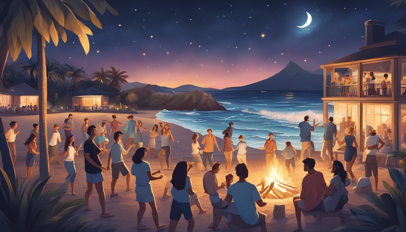 A beachfront with waves crashing, a bonfire, and a group of people dancing and reminiscing under the stars