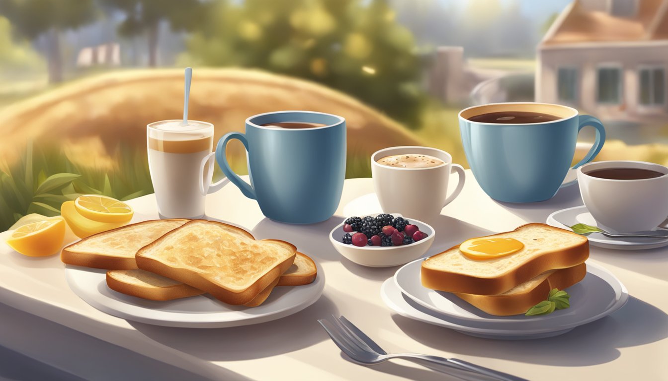 A sunny breakfast scene with a table set with freshly toasted bread, a variety of spreads, and steaming hot beverages